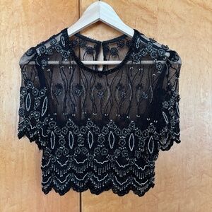 Vintage Women's Beaded Sheer Evening Party Crop Top Color Black & White Size S